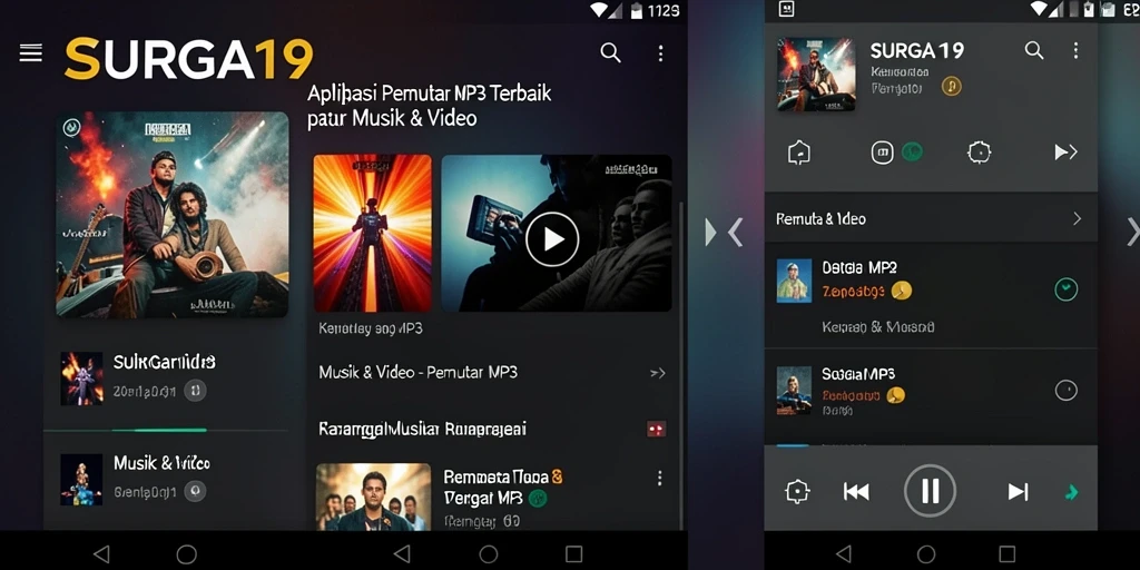 Tampilan antarmuka aplikasi Pemutar MP3 SURGA19 yang elegan dan fungsional.
